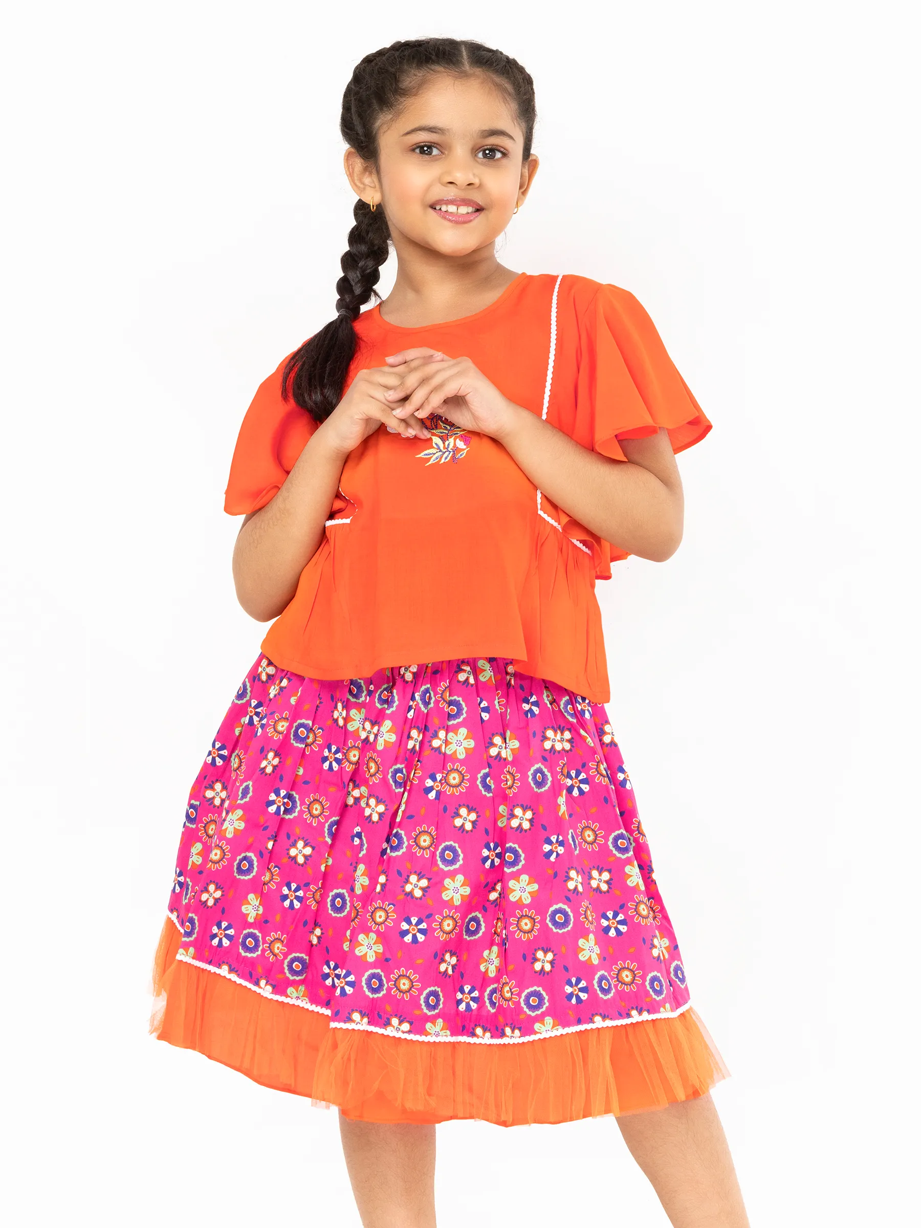 Orange Embroidered Linen Skirt Top Set